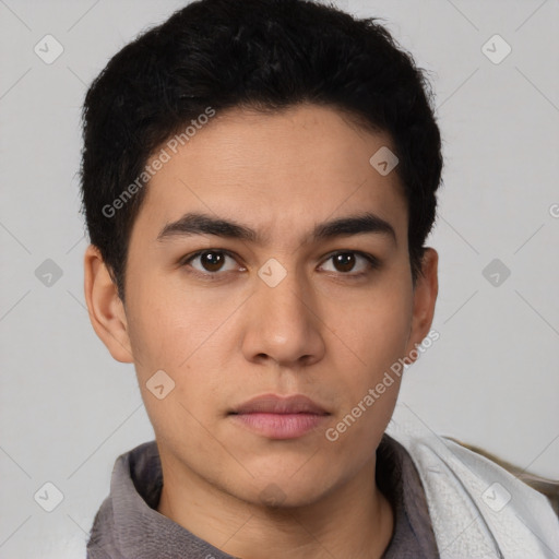 Neutral white young-adult male with short  black hair and brown eyes