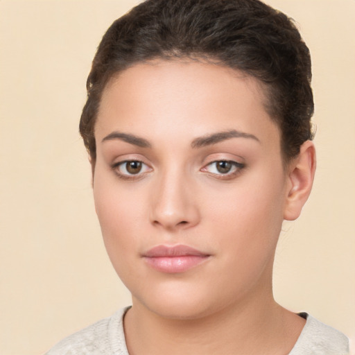 Neutral white young-adult female with short  brown hair and brown eyes