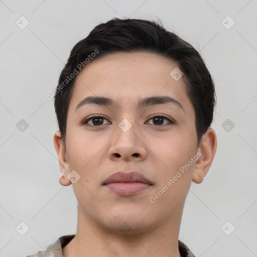 Neutral asian young-adult female with short  brown hair and brown eyes