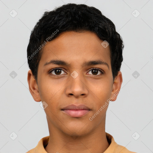 Neutral latino young-adult male with short  brown hair and brown eyes