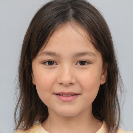 Joyful white child female with medium  brown hair and brown eyes