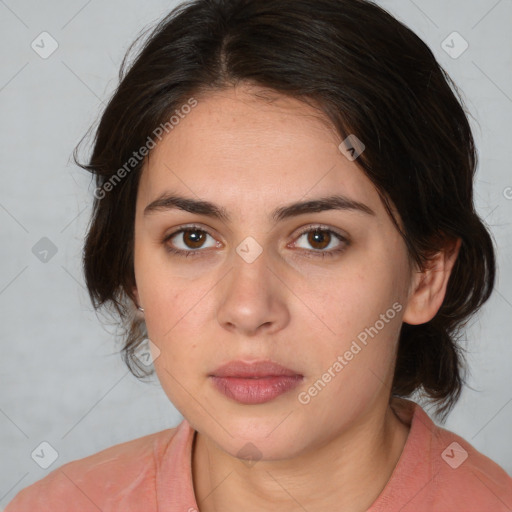 Neutral white young-adult female with medium  brown hair and brown eyes