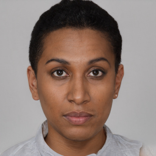 Neutral latino young-adult female with short  brown hair and brown eyes