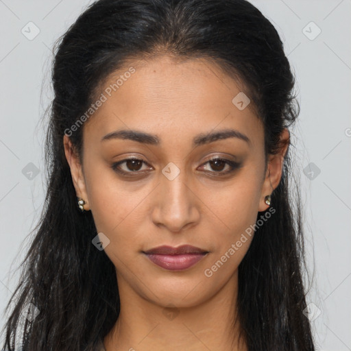 Joyful latino young-adult female with long  brown hair and brown eyes