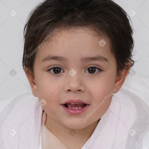 Joyful white child female with short  brown hair and brown eyes