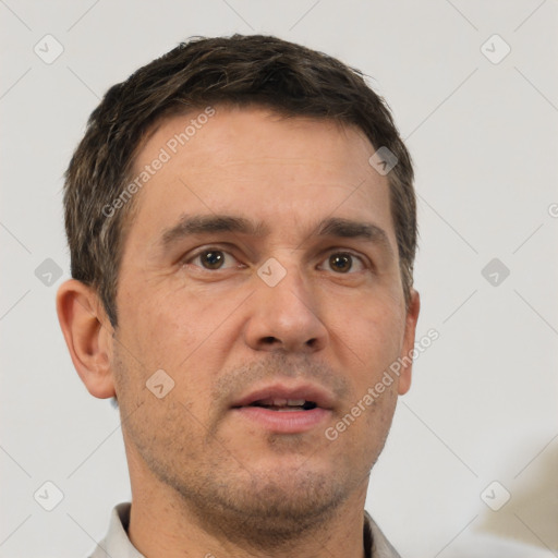 Neutral white adult male with short  brown hair and brown eyes