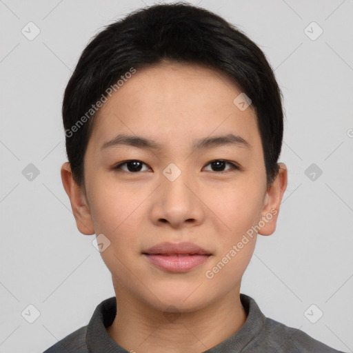 Joyful asian young-adult female with short  black hair and brown eyes