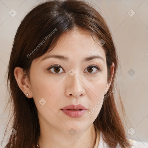 Neutral white young-adult female with medium  brown hair and brown eyes