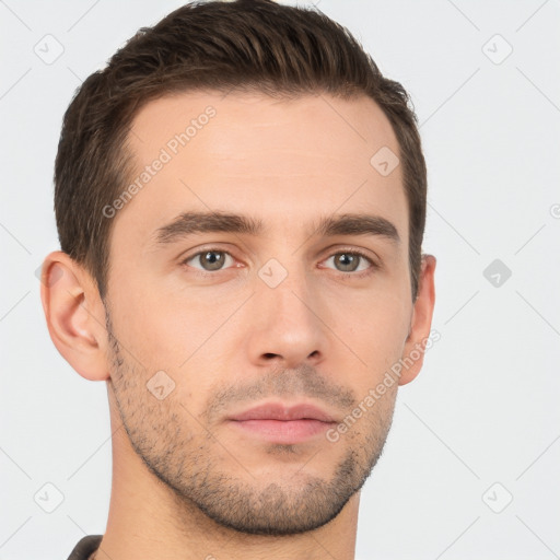 Neutral white young-adult male with short  brown hair and brown eyes