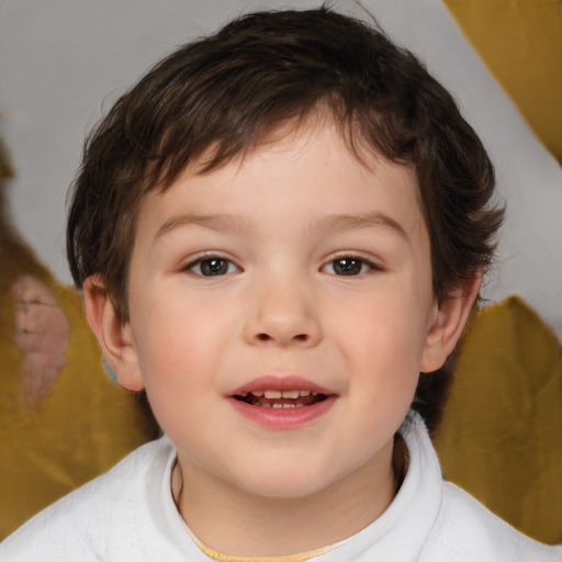 Joyful white child male with medium  brown hair and brown eyes