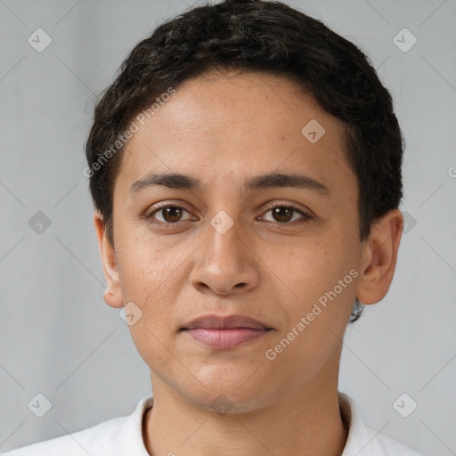 Joyful white young-adult female with short  brown hair and brown eyes