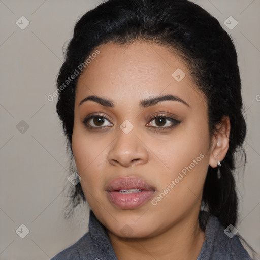 Joyful latino young-adult female with medium  black hair and brown eyes