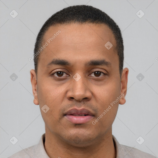 Neutral latino young-adult male with short  black hair and brown eyes