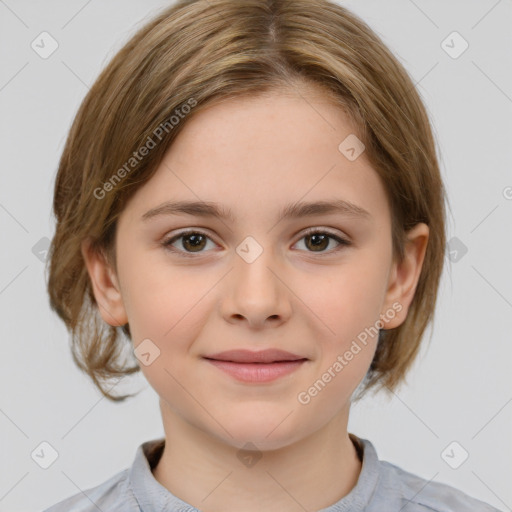 Joyful white child female with medium  brown hair and brown eyes