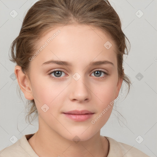 Joyful white child female with medium  brown hair and brown eyes