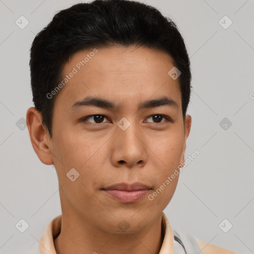 Neutral asian young-adult male with short  brown hair and brown eyes