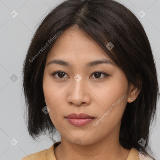 Neutral asian young-adult female with medium  brown hair and brown eyes