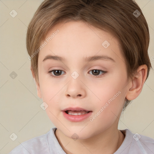 Joyful white child female with short  brown hair and brown eyes