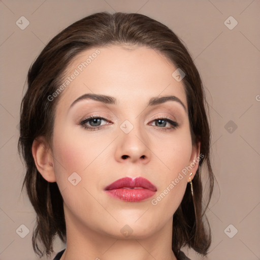 Neutral white young-adult female with medium  brown hair and brown eyes