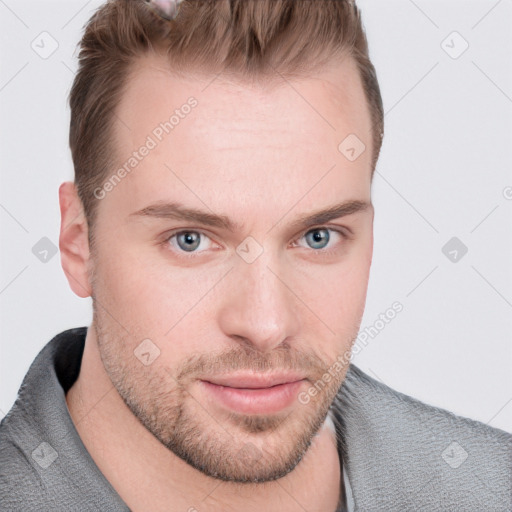 Neutral white young-adult male with short  brown hair and grey eyes