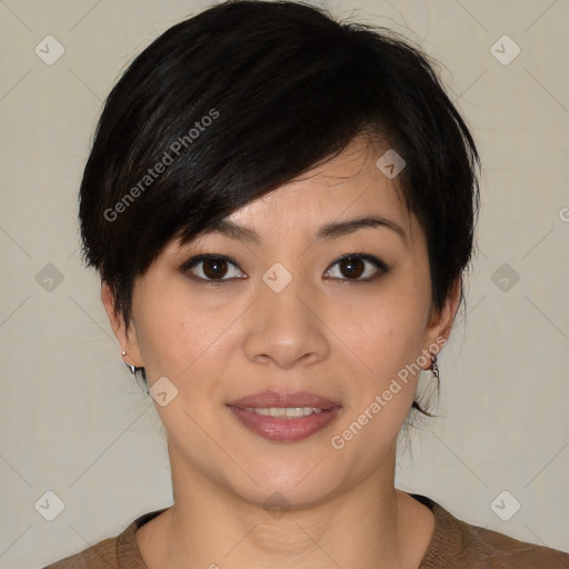 Joyful white young-adult female with medium  brown hair and brown eyes