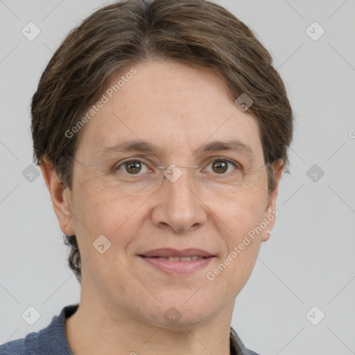 Joyful white adult female with short  brown hair and grey eyes