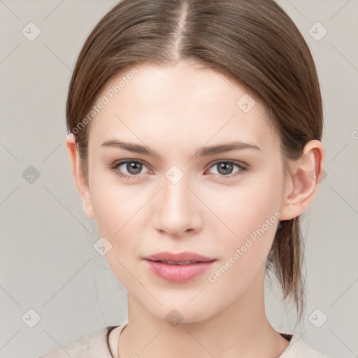 Neutral white young-adult female with medium  brown hair and grey eyes