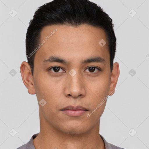 Neutral asian young-adult male with short  black hair and brown eyes