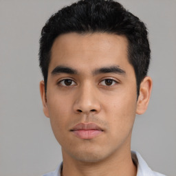 Neutral asian young-adult male with short  black hair and brown eyes