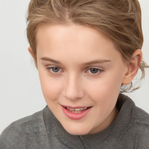 Joyful white child female with medium  brown hair and brown eyes