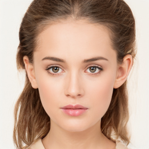 Neutral white young-adult female with medium  brown hair and green eyes