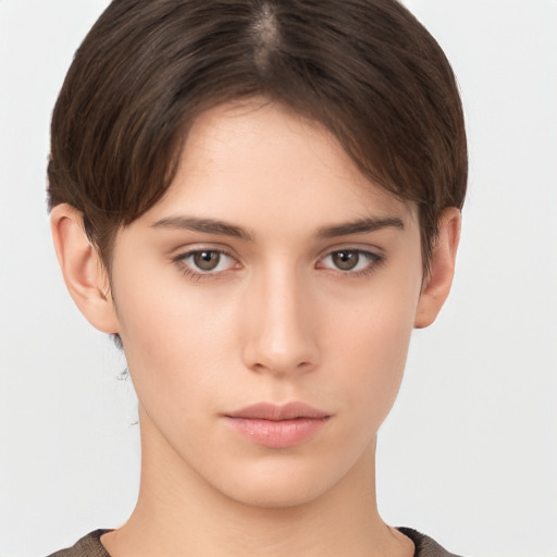 Neutral white young-adult female with short  brown hair and brown eyes