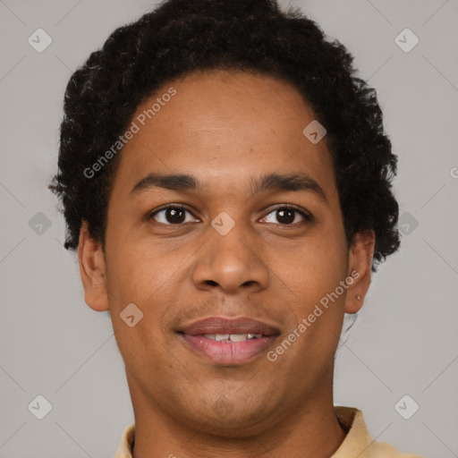 Joyful latino young-adult male with short  brown hair and brown eyes