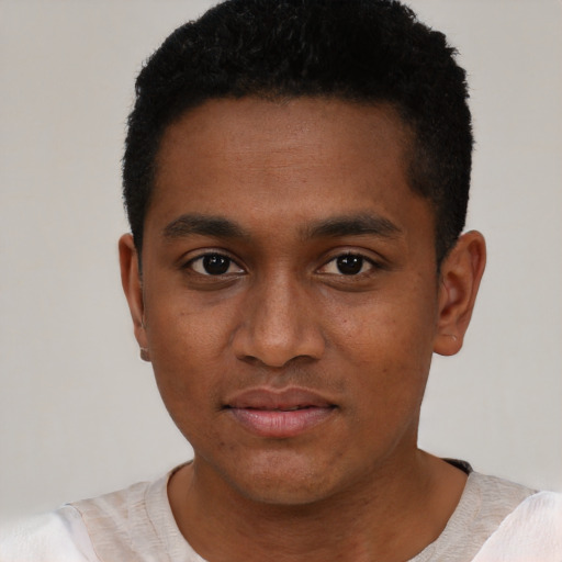 Neutral black young-adult male with short  black hair and brown eyes