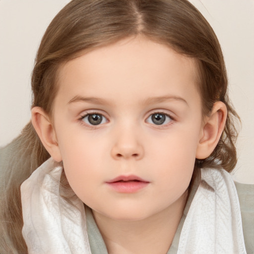 Neutral white child female with medium  brown hair and grey eyes