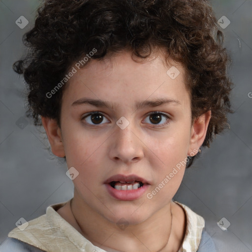 Joyful white child female with short  brown hair and brown eyes