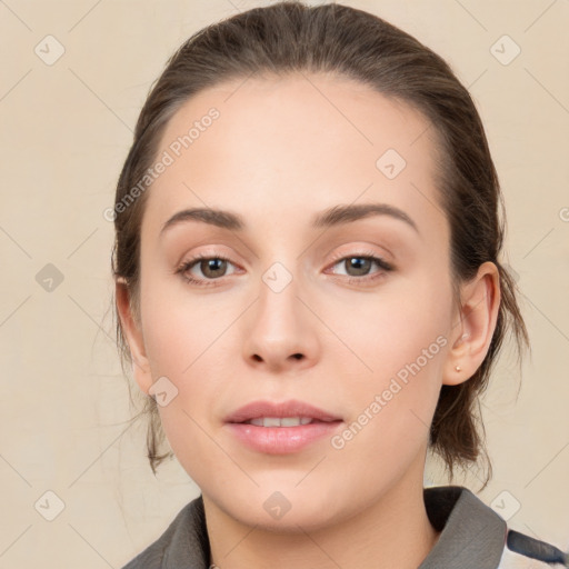 Neutral white young-adult female with medium  brown hair and brown eyes