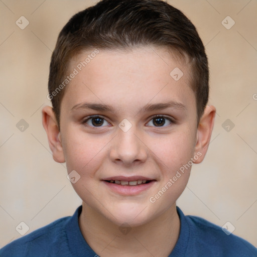 Joyful white child male with short  brown hair and brown eyes