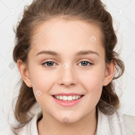 Joyful white child female with medium  brown hair and brown eyes