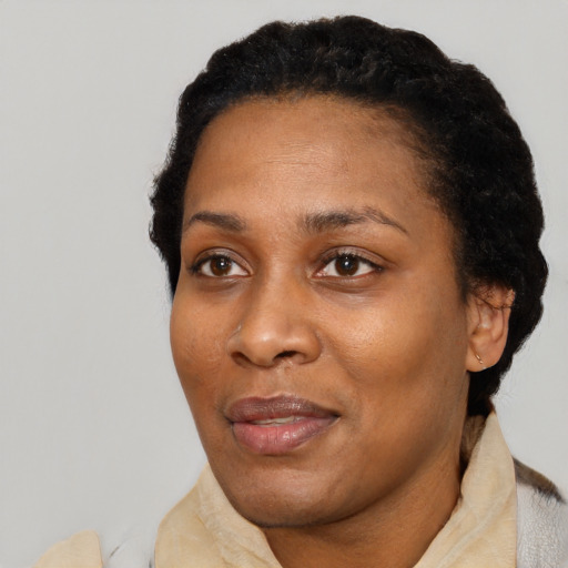 Joyful black adult female with short  black hair and brown eyes