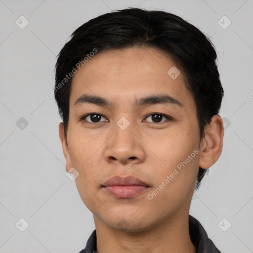 Neutral asian young-adult male with short  black hair and brown eyes