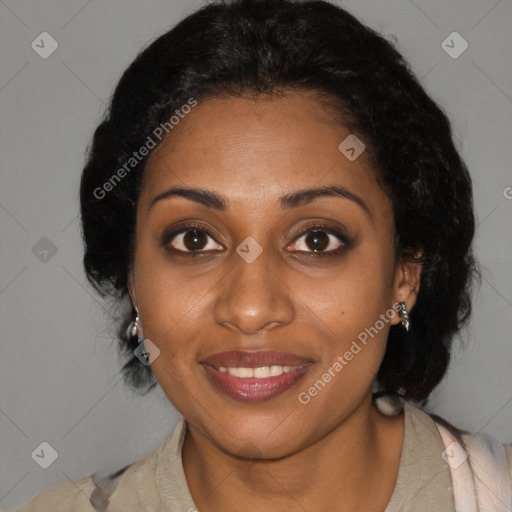 Joyful black young-adult female with medium  black hair and brown eyes