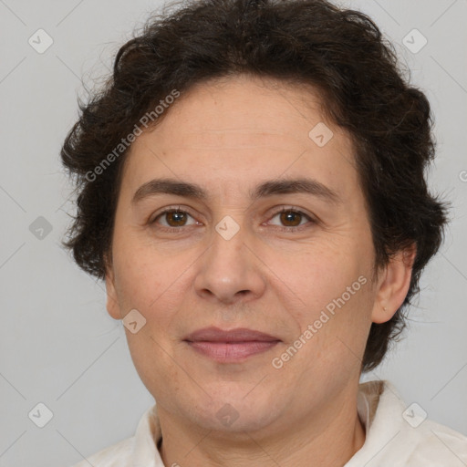 Joyful white adult female with short  brown hair and brown eyes