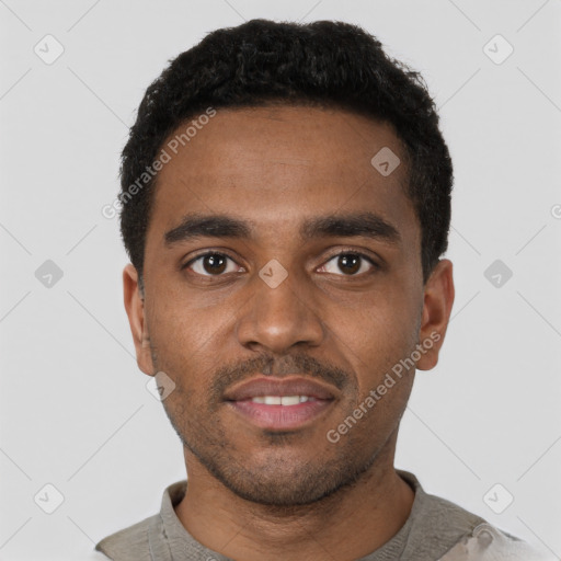 Neutral black young-adult male with short  black hair and brown eyes