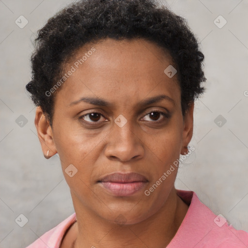 Joyful black adult female with short  brown hair and brown eyes