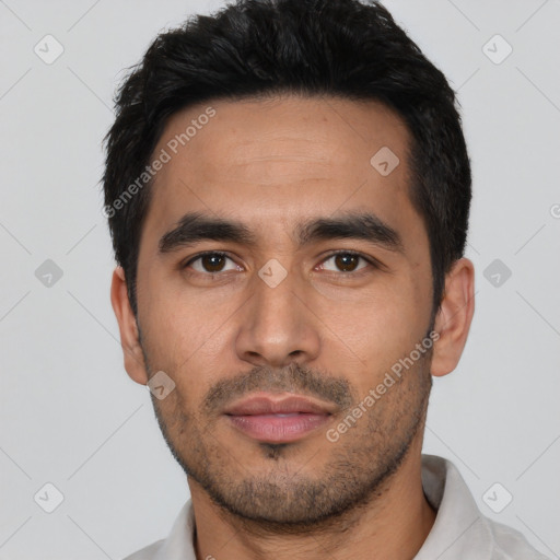 Neutral asian young-adult male with short  black hair and brown eyes