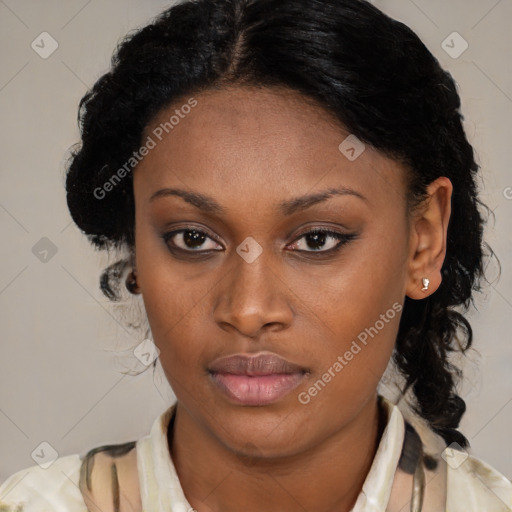 Joyful black young-adult female with medium  brown hair and brown eyes