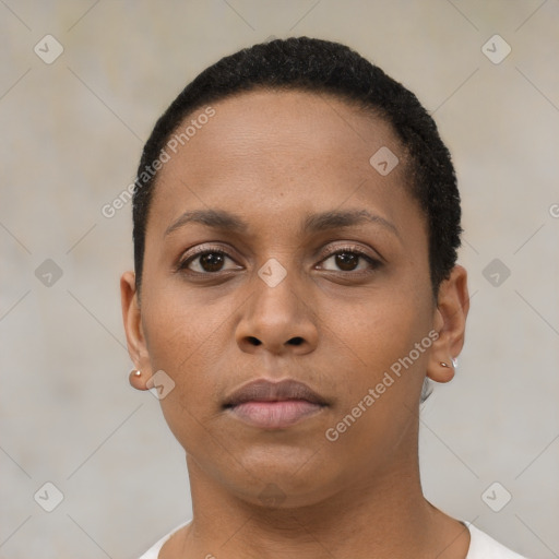 Neutral black young-adult female with short  brown hair and brown eyes