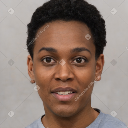 Joyful black young-adult female with short  black hair and brown eyes