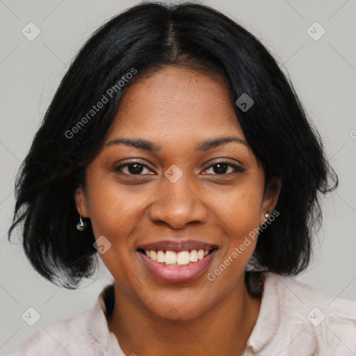 Joyful black young-adult female with medium  black hair and brown eyes